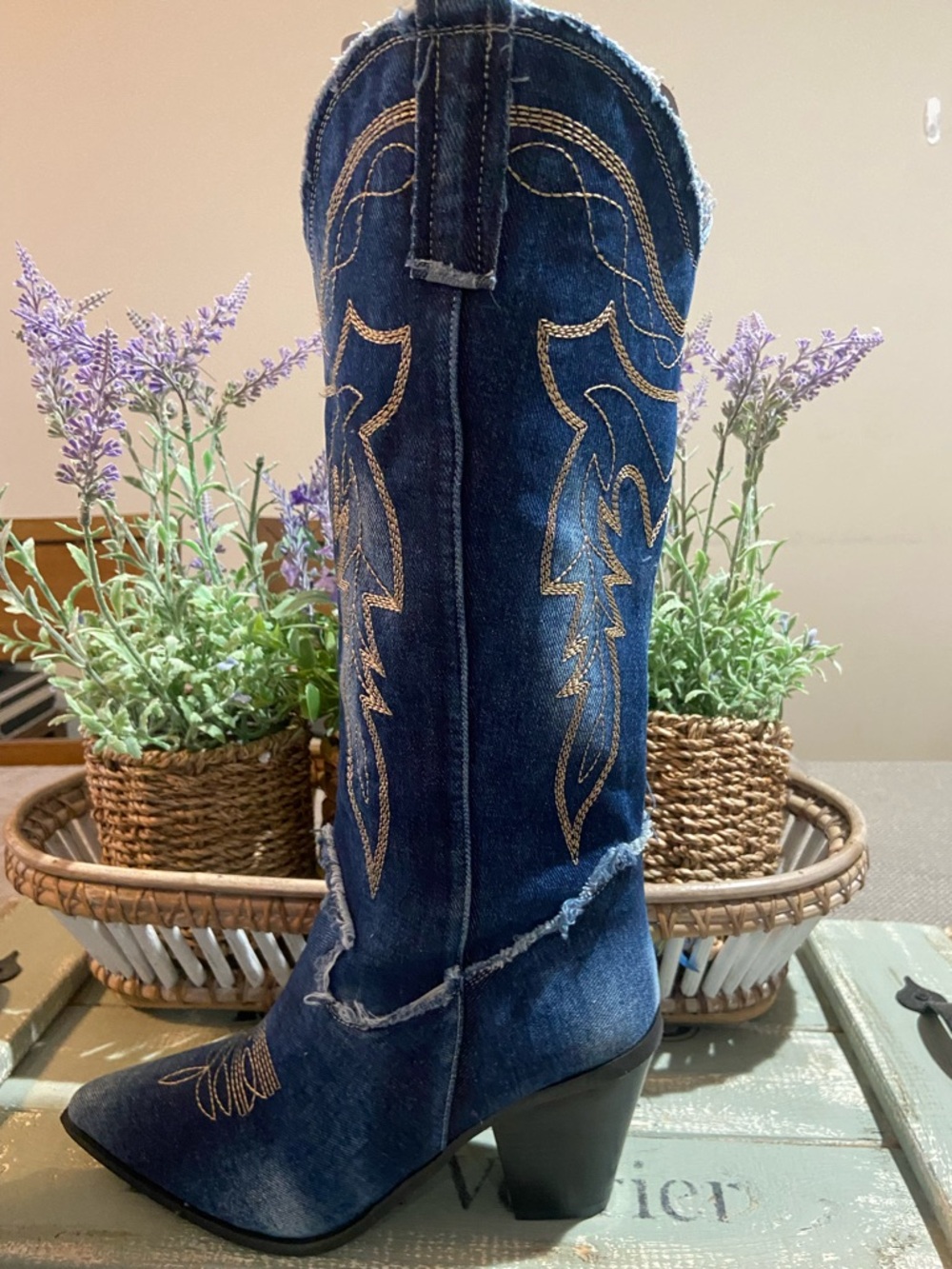 Women’s Dark Blue Embroidered Denim Cowboy Jeans Boots Size 9 - Picture 3 of 13